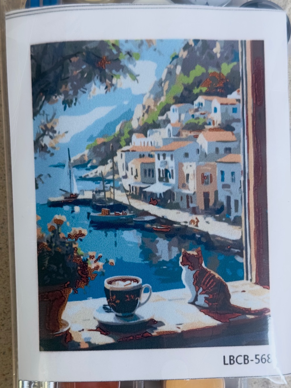 Mediterranean coastal scene with a cat 16x20